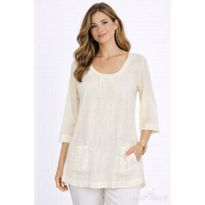 Jennie Kayne 100% Linen Tunic Top XS Ivory Minimalist Coastal Pocket 3/4 Sleeve